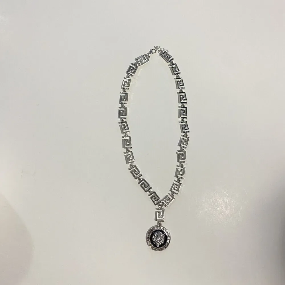 Silver Tone Greek Meander Link Necklace with Black Lion Medallion Pendant Charm